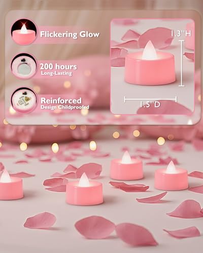 Image of Amagic 30 Pcs Pink Flickering Flameless Tea Lights Battery Operated, 200+ Hours Long Lasting Colored Candle for Wedding, Table Centerpiece, Theme Party, Aniversary, Proposal, Christmas, Pink Base
