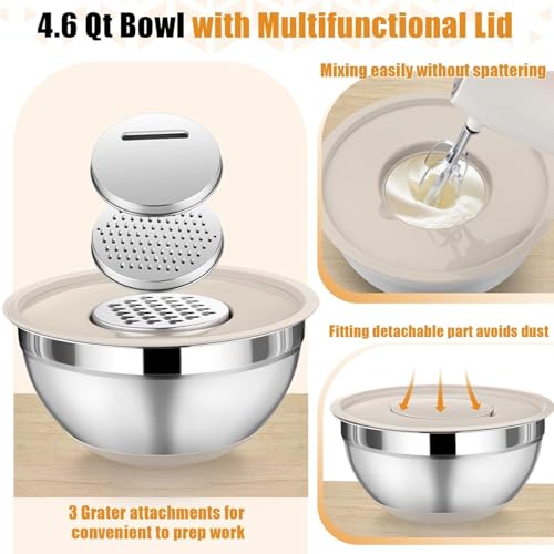 Image of 5-Piece Mixing Bowls with Lids, 3 Grater Attachments, Stainless Steel Salad Bowls for Kitchen, Size 4.6, 3.5, 2.5, 2, 1.5QT Ideal for Baking, Non-Slip Bottoms, Mixing and Serving, Khaki