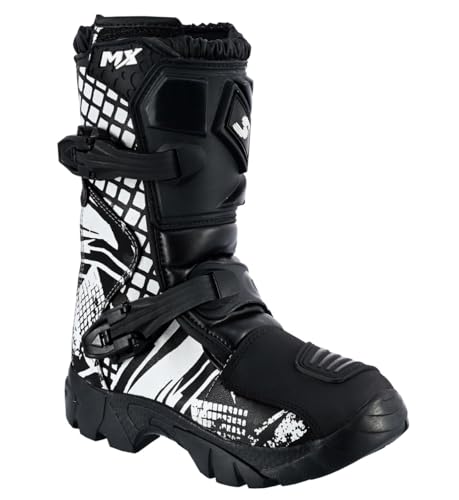 Speed MaxX Kids Black & Whtie Real Leather Off - Road Motorbike/Motocross/Motorcycle Cubs MX Sports Shoes/Boots (Black & White, UK Footwear Size System, Big Kid, Men, Numeric, Medium, 5)