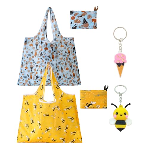 JOVYTH 4 Pezzi Borsa Spesa Pieghevole, 58x66cm Riutilizzabile, Shopping Bag Impermeabile con Portachiavi, per Alimentari e Viaggi