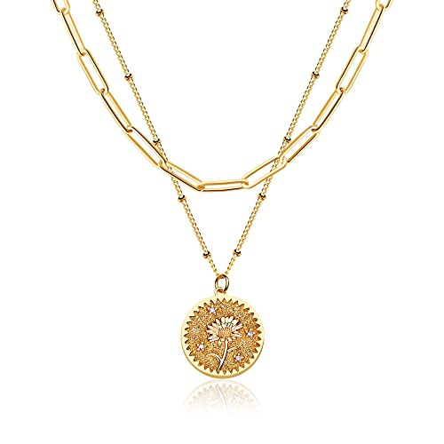 Valloey Rover Gold Layered Coin Necklace for Women Birth Flower Necklace 14K Gold Plated Dainty Carved Floral Pendant Necklace Personalized Engrave Double Layered Month Necklace for Birthday Jewelry