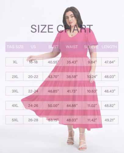 Image of Women's Plus Size Summer Dresses Floral Casual Tiered Midi Dresses V-Neck Short Sleeve Long Maxi Dress with Pockets