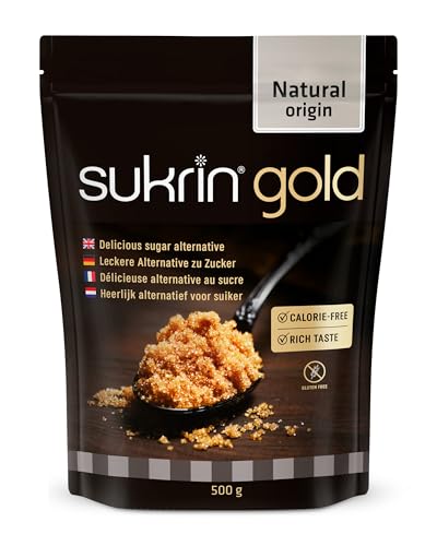 SUKRIN Gold, alternativa natural al azúcar moreno y de caña, sin calorías mezcla de eritritol y stevia, sustituto del azúcar, vegano, sin gluten, sin OMG, kosher, apto para dietas cetogénicas, 500 g.