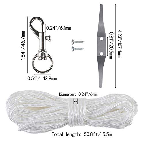 Yaegoo Flagpole Hardware Repair Parts Kit - 50 Feet Flag Halyard Rope, 3\" Topper Gold Ball, 6\" Cleat Hook with 2 Screws, 4 Flagpole Swivel Snap Clips and Flagpole Pulley Truck for 2\" Top