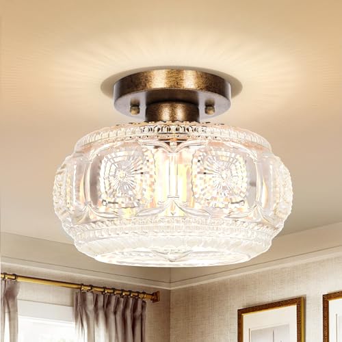 Semi Flush Mount Ceiling Light, Globe Glass Ceiling Light Fixture, Antique Bronze Modern Lighting for Hallway Bedroom Entryway Kitchen Porch, Bulb Not Included