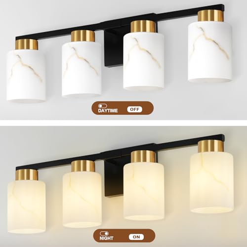 Image of 4-Light Bathroom Light Fixtures, Modern Vanity Lights, Black and Gold Metal Wall Lamp with White Marble Glass for Bathroom, Mirror, Living Room, Bedroom, Cabinet, Porch, Hallway, E26 Base