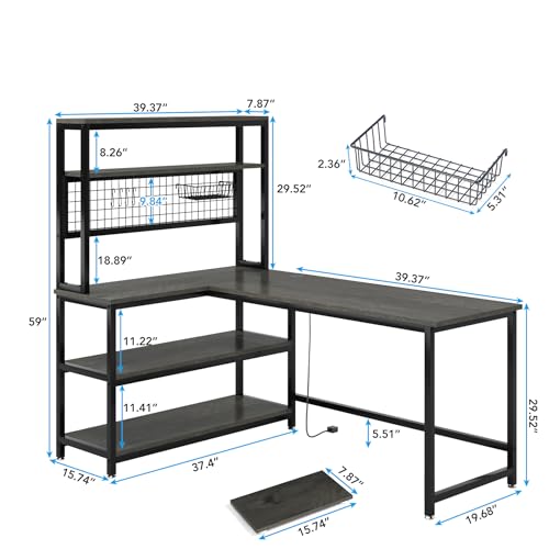 Tribesigns 55" Large Computer Desk with Wireless Charging 5 Storage Shelves, Office Desk Study Table Writing Desk Workstation with Hutch Bookshelf for Home Office(Gray)