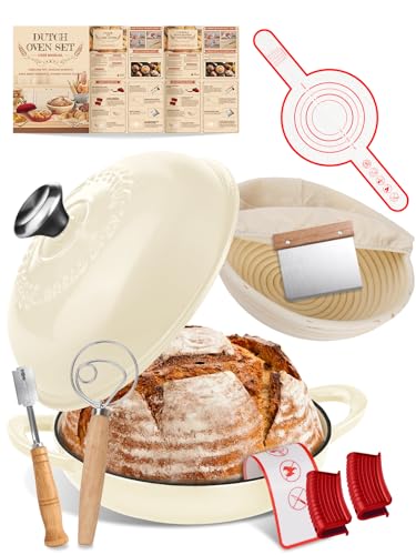 Image of Dutch Oven Bread Baking Pot with Lid 6QT Enameled Cast Iron Oven, White Design & Complete Sourdough Kit (Banneton Basket, Dough Tools, Silicone Sling) for Artisan Bread Making