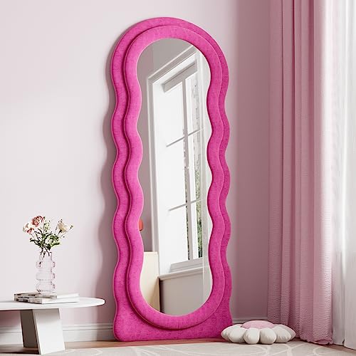 Dewfig Full Length Mirror, 63" x 24" Irregular Wavy Mirror, Large Floor Length Mirrors Wall Mounted, Standing Wavy Mirrors with Flannel Wrapped Wooden Frame for Bedroom/Living Room, Hot Pink