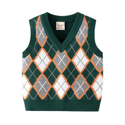 Chaleco de Punto sin Mangas para niños y niñas pequeños, suéter cálido con Estampados enrejados, cárdigan Ligero para Primavera y otoño, Talla 3-6 años (Green, 5-6 Years)