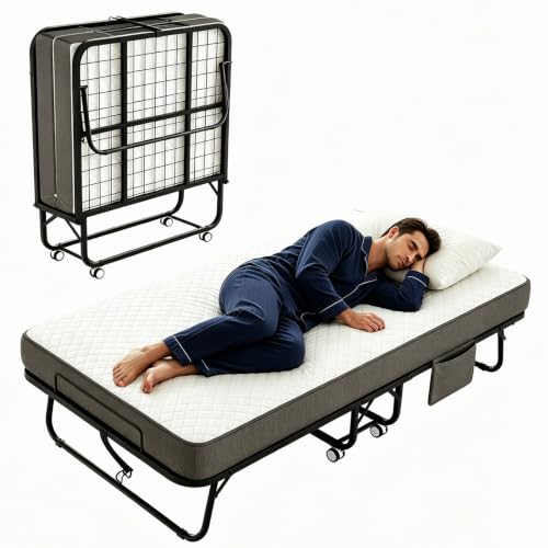 XHYMYB Folding Bed with Mattress for Adults, 75" x 38" Twin Size Rollaway Bed with Memory Foam Mattress, Portable Foldable Guest Bed with Metal Frame, Deluxe Single Bed for Side Storage Pocket