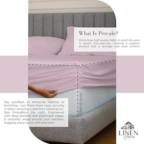 Image of Linen Home 100% Cotton Percale Sheets Queen Size,Mauve Lavender, Deep Pocket, 4 Pieces Set - 1 Flat, 1 Deep Pocket Fitted Sheet and 2 Pillowcases, Crisp Cool and Strong Bed Linen