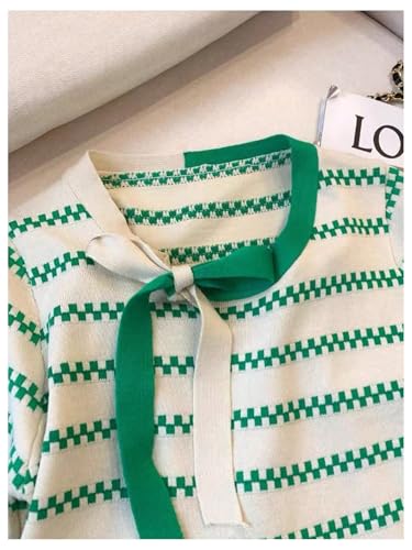 WDIRARA Women's Striped Short Sleeve Sweater Bow Tie Neck Color Block Tee Knit Pullover Tops3