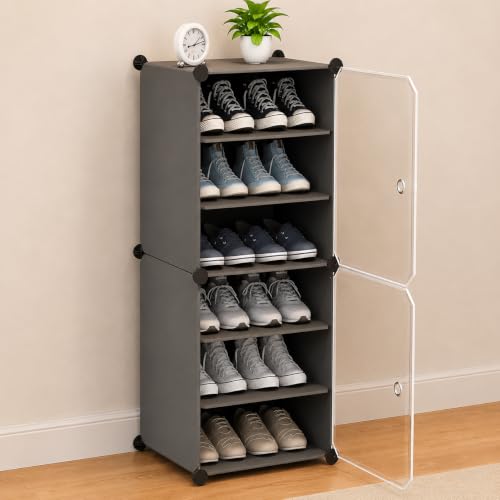 Image of Plastic Shoe Rack for Home with Door | 6-Shelf DIY Shoe Cabinet Organiser | Stores 12 Pairs | Foldable & Waterproof Shoe Stand for Entryway, Bedroom (Grey, 2-Door)