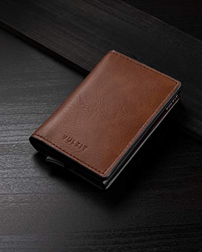 VULKIT Card Holder Pop Up Slim Wallet Leather RFID Blocking Card Case Up to 8 Credit Cards, Brown, S, Minimalist
