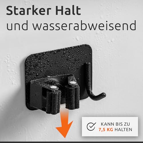 ECENCE Besenhalterung Wand selbstklebend - 4 Stück Besenhalter aus Edelstahl, Gerätehalter ohne Bohren - Mophalterung für Küche, Bad, Balkon & Garten - in Schwarz