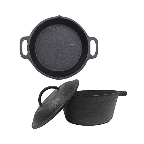 70’S KITCHEN Cast Iron Cookware Combo – Dutch Oven (5L), Double Handle Skillet (10IN) pre-seasoned