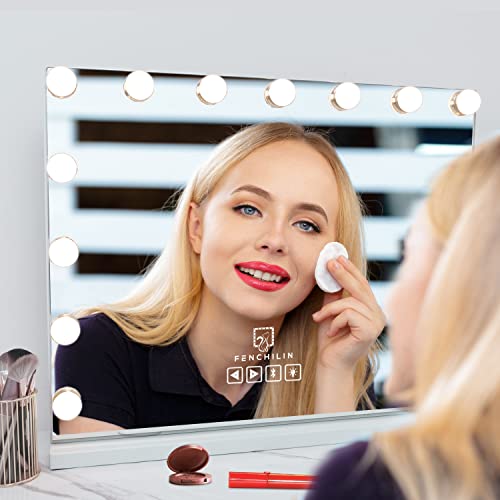 Fenchilin Large Vanity Mirror With Lights And Bluetooth Speaker Hollywood Lighted Makeup Mirror With 15 Dimmable Led Bulbs For Dressing Room & Bedroom, Tabletop Or Wall-Mounted, Slim Metal Frame White #TOP7