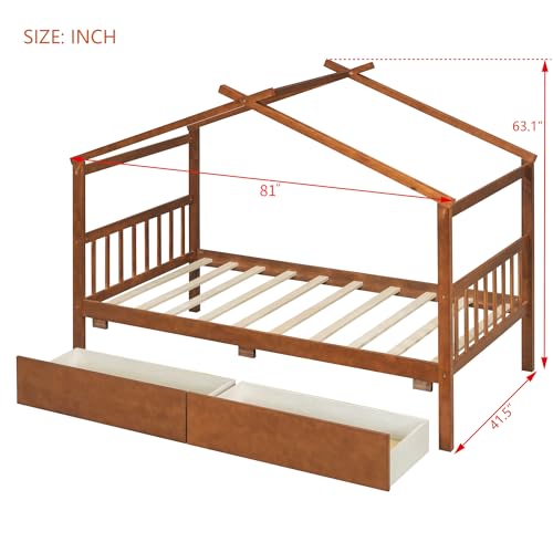 Image of Twin Size Wooden House Bed with Roof Frame and 2 Storage Drawers, Montessori Platform Bed with Headboard and Slat Support for Kids Teens Girls Boys, No Box Spring Needed (Walnut-04, Twin)