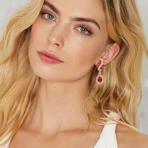 EleQueen Women's Austrian Crystal Art Deco Tear Drop Dangle Earrings Clip-on Gold-tone Ruby Color by EleQueen - Used condition - Image 2