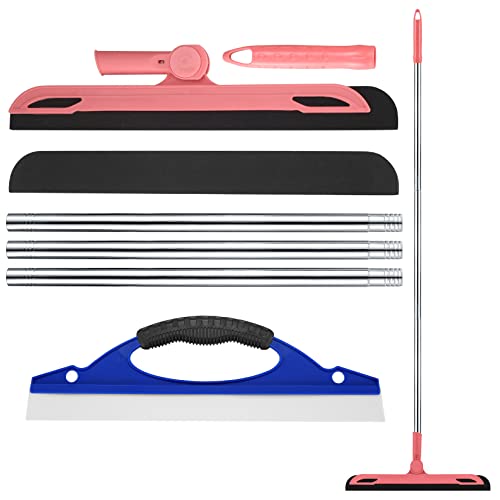 Escobilla de agua, escobilla de agua de ventana para habitación húmeda, mango largo, limpiador de ducha de espuma, escobilla de limpieza de piso, cocina, baño, garaje, resistente, color rosa Cover
