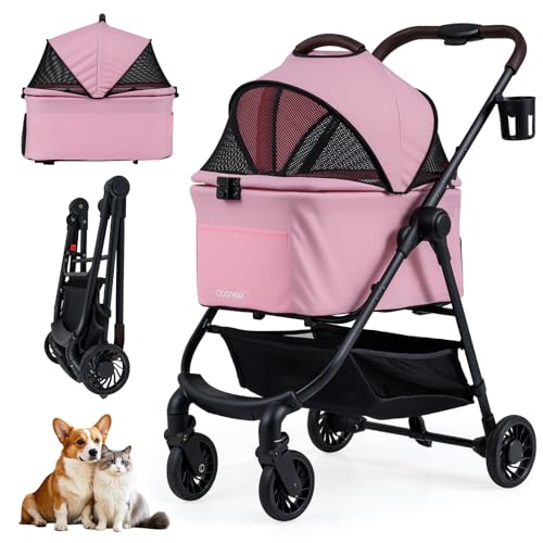 Image of COSTWAY Pet Stroller, 3 in 1 Folding Dog Pram with Detachable Car Seat Carrier, Adjustable Canopy, Storage Basket, Cup Holder, Safety Leash, Travel Pushchair for Dogs Cats (Pink)