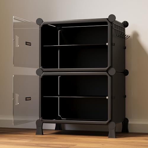 Image of BOXJOY 4 Shelf File Cabinet for Home and Office Black Rack with 2 Transparent Doors Hard PET Plastic Drawer Cabinet with Metal Frame Multipurpose File Document Storage and Stationery Organizer