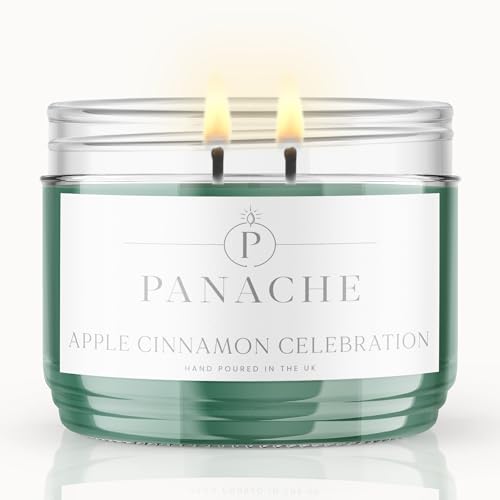 Panache Apple Cinnamon Celebration Scented Candle (Christmas Edition) – Double Wick Soy Wax Candle, 48 Hour Burn Time, Hand Poured in UK, Clean Burning Cotton Wicks, Luxury Glass Jar Candle (320g)