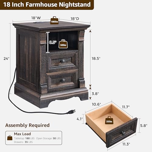Image of Farmhouse Nightstand Set of 2, 18 inch Sofa Side Table with Charging Station