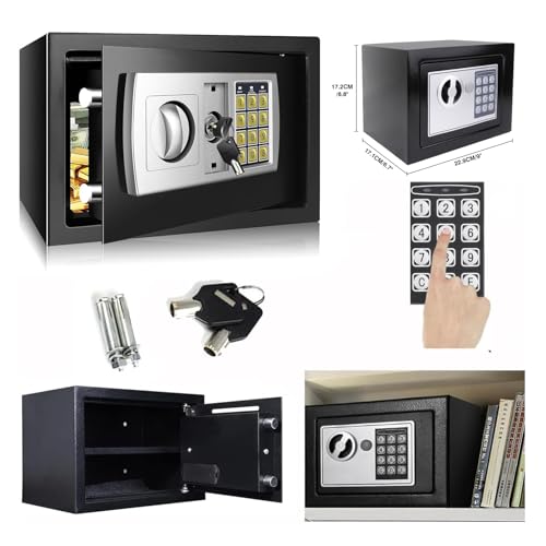 4,6L Tresor,Mini Tresor für Zuhause Feuerfest Wasserdicht Elektro Safe Mit 2 Notschlüssel Home Office Safe Wandmontage Für Bargeld Medikamente Schmuck, Schwarz- 23 x 17 x 17 cm