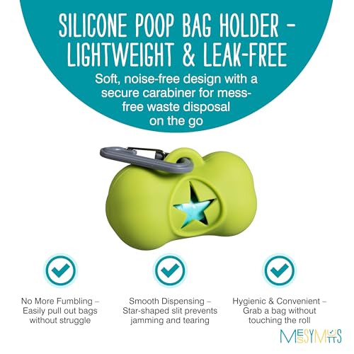 Image of Messy Mutts Silicone Dog Waste Bag Holder | Dog Poop Bag Dispenser with Carabiner and Bags | Unscented Roll Included - 15 bags| Leash Essential |(Green)