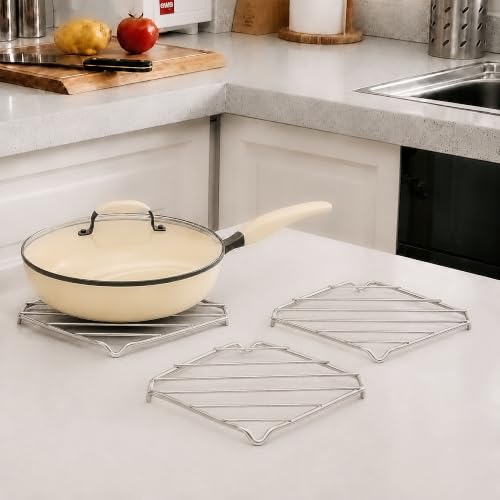 Image of LAPO Square Stainless Steel Trivet Stand for Hot Pots, Heat Resistant Dining Table Stand, Vessel Holder for Cooker, Plate, Dish and Cookware for Kitchen Utensils and Tabletop Use,Chrome-Pack of 3