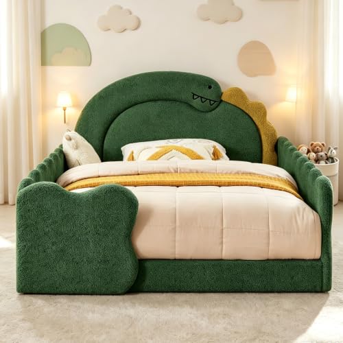 Image of Full Bed Frame for Kids, Floor Platform Bed Dinosaur, Green