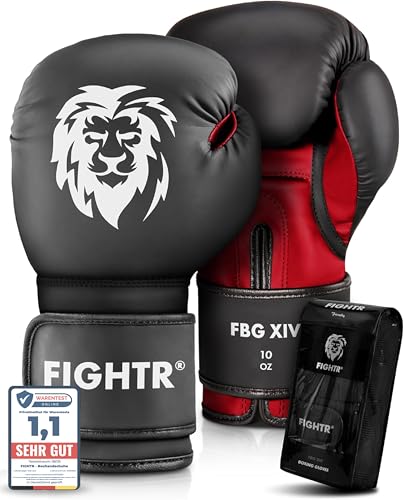 FIGHTR Guantes de Boxeo, Ideales para Estabilidad y Fuerza de Impacto, Guantes para Boxeo, MMA, Muay Thai, Kickboxing y Artes Marciales, Incluye Bolsa de Transporte (Negro/Rojo, 16 oz)