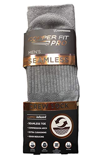 Copper Fit Men?s Compression Sports Crew Socks 2 Pairs Per Pack, Gray Seamless, Men?s (Shoe size 6-12)