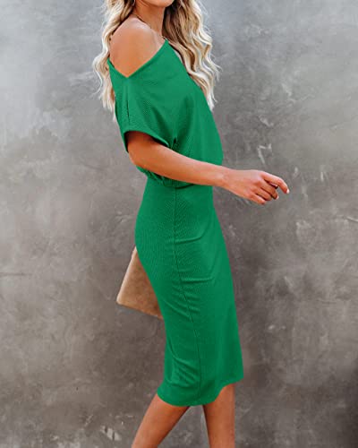 Image of EZBELLE Women's Summer Dress Off The Shoulder Short Sleeve Ribbed Casual Party Bodycon Midi Dresses