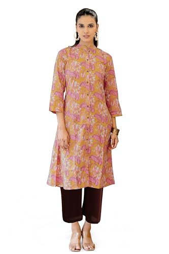 Image of MIRCHI FASHION Women A Line Cotton Print Princess Line Kantha Work Kurta (K9864 - Mustard, Coral - S)