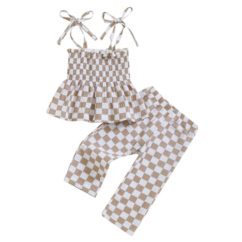 Image of Thorn Tree Toddler Girl Clothes Plaid Printed Sleeveless Pleated Camisole Linen Pants Set Baby Summer Outfits