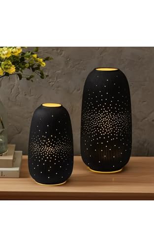 Evergreen LED Porcelain Lantern Set of 2, Decorative Ceramic with Warm White Lights, Indoor & Outdoor Décor, Black and White