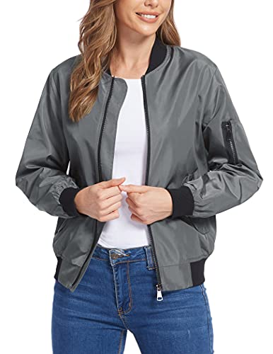 Parabler Women Fashion Satin Bomber Jacket Zip Up Casual Oversized Jacket Coat With Pocket S #TOP2
