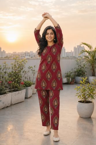 Image of Women's Cotton Night Suit Set, Printed Top and Pyjama, Casual Loungewear Sleepwear for Womens Girls
