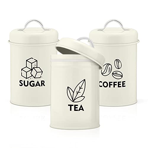E-far Canister Sets for Kitchen Counter, 3-Piece Metal Tea Coffee Sugar Canister with Airtight Lid for Food Storage, Farmhouse Style & Small Size (6.1” x 4”)-Cream