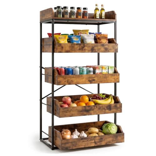 Giantex 5-Tier Food Storage Basket, Industrial Utility Shelf with 4 Pull-out Drawers & X-Shaped Metal Frame, Anti-Tipping Kit, Adjustable Feet, Fruit Vegetable Basket for Kitchen, Supermarket