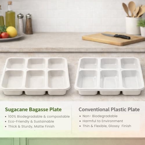 Image of Eco Bagasse 6 Compartment Meal Trays - Eco-Friendly Bagasse Disposable Plates - Strong Oil & Water Resistant Disposable Plates with Compartments for Parties, Catering & Events (Pack of 25)