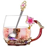 SHEEYEE Gift for Women Tea Cup Glass Enamel Lily Flower Coffee Mug with Spoon Tea Sets for Mother's