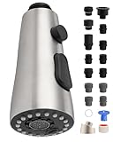 Stainless Faucet Head Replacement with 15 Adapters Compatible with Moen/Delta/Kohler Pull Down Kitchen Faucet, 3 Water Modes Kitchen Sink Faucet Sprayer Head, Brushed Nickel Finish