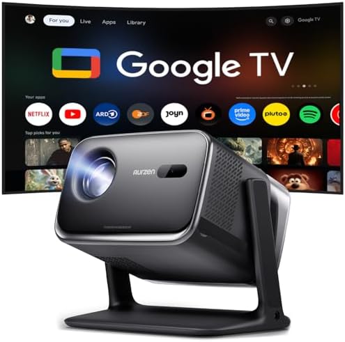 Aurzen Boom mini Smart Beamer Outdoor mit Google TV, 20W Dolby Audio | 4K-Unterstützung, Beamer Heimkino mit 500 ANSI-Lumen, WLAN & Bluetooth, TOF-Autofokus und Trapezkorrektur, Sc