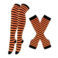 AYVRUOP Set di 2 Paia di Guanti Lunghi in Maglia a Righe,Calzini Lunghi di Spugna Arancioni Neri,Thigh Highs,Guanti Lunghi Senza Dita,Calze Sopra di Ginocchio Halloween,Leggings per Feste in Costume