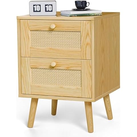 infurnic Rattan Nightstand, Dresser for Bedroom, Side Table with 2 Hand Made Rattan Decorated Drawers, Wood Night Stand Beside Table with Storage for Bedroom, Dorm and Small Space(Natural), 1 Pack Cover