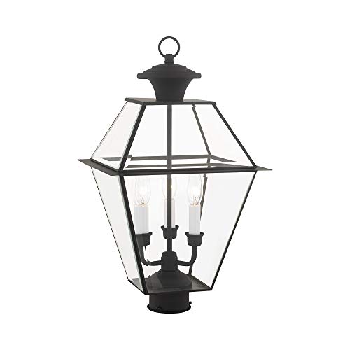 Image of Livex Lighting 2384-04 Westover 3 Light Outdoor Black Finish Solid Brass Wall Lantern with Clear Beveled Glass, 22 inch x 12 inch x 22 inch | Dimensions: 22 inch x 12 inch x 22 inch; Clear Beveled Glass; Solid brass construction